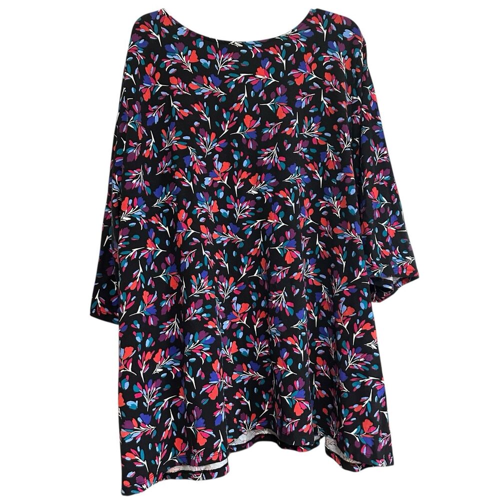 Woman Within Black Floral V Neck Tunic Top 5X Short Sleeve Feminine Stretchy - Picture 2 of 7